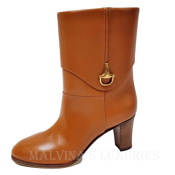 GUCCI BOOTS ELIZABETH HEELED ANKLE BROWN LEATHER w HORSEBIT - Picture 8 of 16